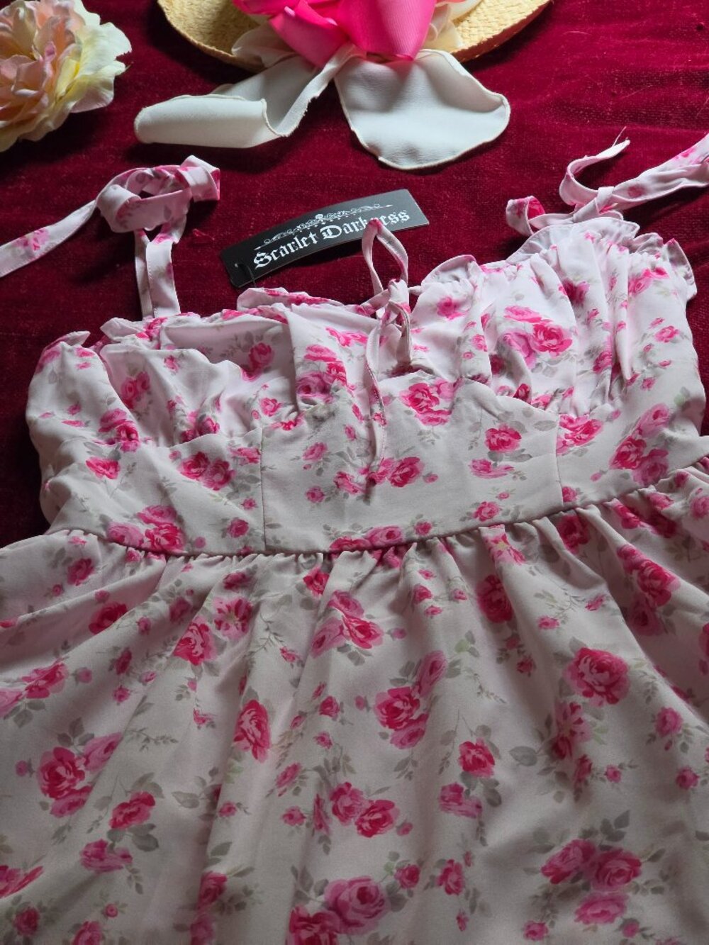 ADORABLE SATINY ROSE FLORAL BABYDOLL DRESS SCARLET DARKNESS SIZE S